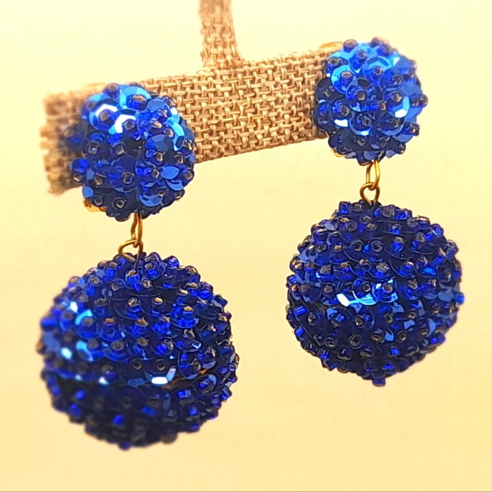 Vintage bohemian handmade royal blue seed bead clip on drop fahion earring 80-90